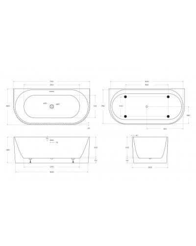 Пристенная, полукруглая акриловая ванна в комплекте со сливом-переливом BelBagno BB713-1700-800