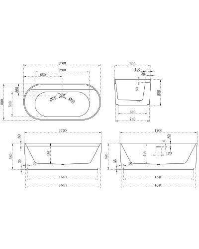 Акриловая ванна Abber 170х80 AB9444MW без гидромассажа