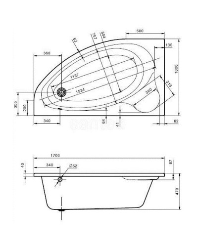 Акриловая ванна 170х100 см L Santek Эдера 1.WH50.1.662