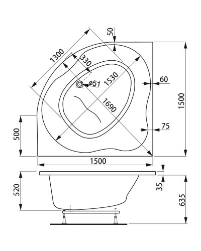Акриловая ванна 150х150 см Vagnerplast Plejada VPBA150PLE3X-04