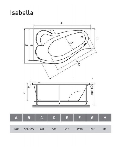 Акриловая ванна Relisan Isabella 170х90 L Гл000010529 без гидромассажа