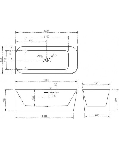 Акриловая ванна 160х75 см L Abber AB9331-1.6 L