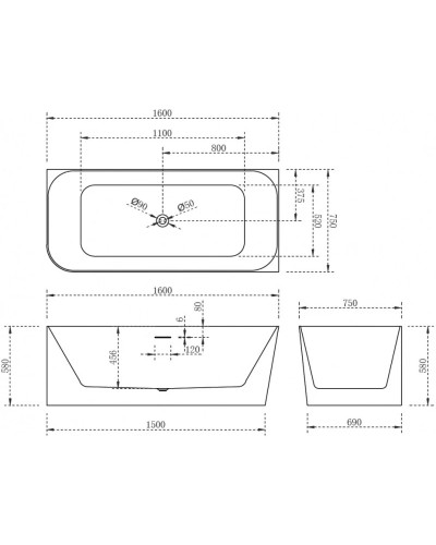 Акриловая ванна 160х75 см R Abber AB9331-1.6 R