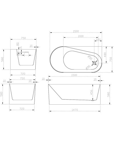Акриловая ванна 150х75 см R Abber AB9496-1.5 R