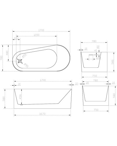 Акриловая ванна 170х78 см L Abber AB9496-1.7 L
