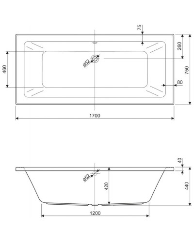 Акриловая ванна 170х75 см Cezares Plane mini PLANE MINI-170-75-42-W37