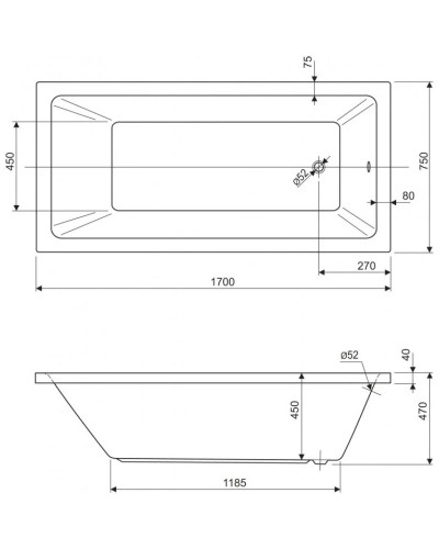 Акриловая ванна 170х75 см Cezares Plane solo PLANE SOLO-170-75-45-W37