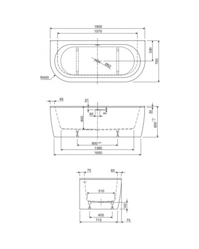 Акриловая ванна 180х79 см Cezares Slim SLIM WALL-180-80-60-NERO-SET