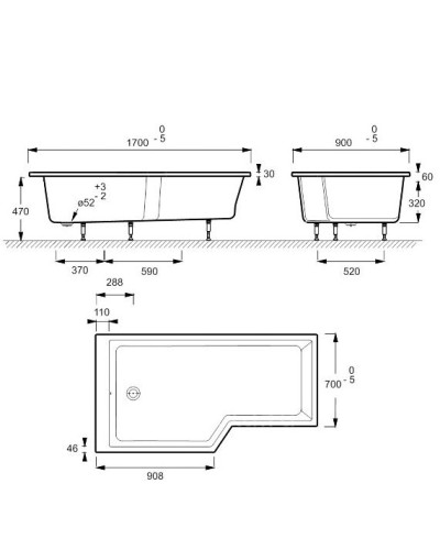 Акриловая ванна Jacob Delafon Bain Douche Neo 170x90 L E6D002L-00 без гидромассажа