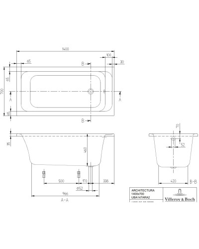 Акриловая ванна 140х70 см Villeroy & Boch Architectura UBA147ARA2V-01