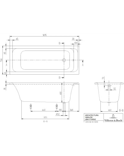 Акриловая ванна 169,5х70 см Villeroy & Boch Architectura UBA177ARA2V-01