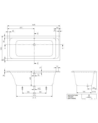 Акриловая ванна 169,5х80 см Villeroy & Boch Architectura UBA178ARA2V-01