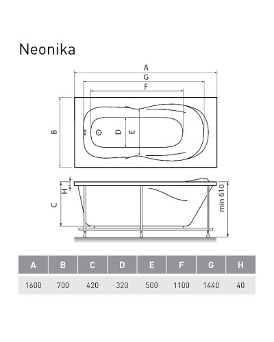 Акриловая ванна Relisan Neonika 160x70 Гл000000977 без гидромассажа