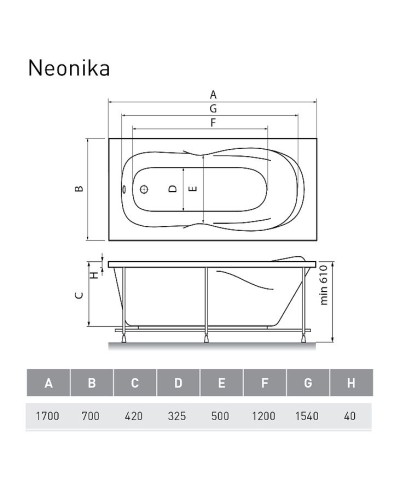 Акриловая ванна Relisan Neonika 170x70 Гл000000964 без гидромассажа