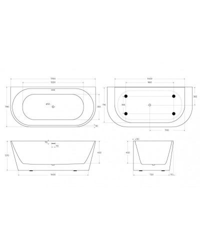 Пристенная, полукруглая акриловая ванна в комплекте со сливом-переливом BelBagno BB710-1700-800