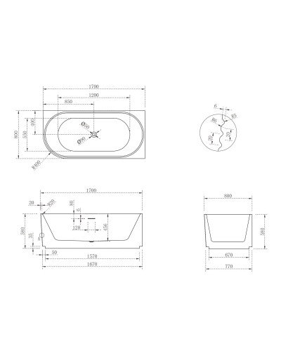 Акриловая ванна 170х80 см R Abber AB9438-1.7 R