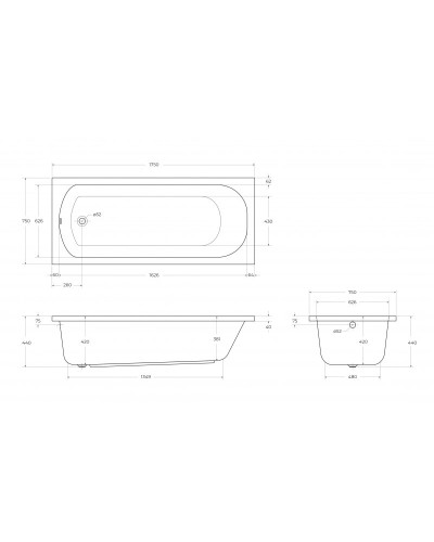Акриловая ванна пристенная CEZARES ECO-175-75-41-W37