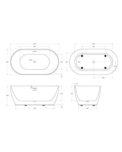 Отдельностоящая овальная акриловая ванна в комплекте со сливом-переливом BelBagno BB413-1500-800