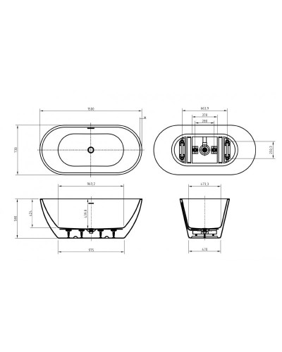 Отдельностоящая, овальная акриловая ванна UNO в комплекте со сливом-переливом BelBagno BB701-1500-730-K