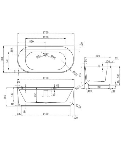 Акриловая ванна 170x80 см Vincea VBT-621B