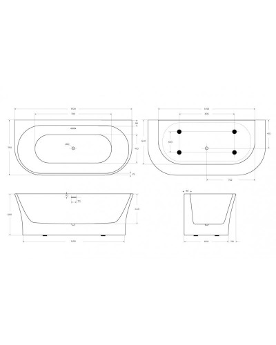 Пристенная, полукруглая акриловая ванна в комплекте со сливом-переливом BelBagno BB711-1700-750