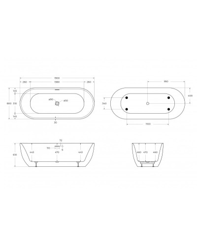 Отдельностоящая овальная акриловая ванна со сливом-переливом цвета хром BelBagno BB417-1900-800