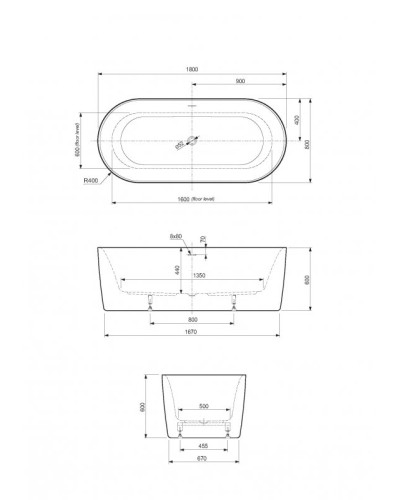 Акриловая ванна CEZARES METAURO-INT-Central-180-80-60-W-MATT