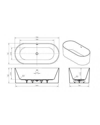 Отдельностоящая, овальная акриловая ванна в комплекте со сливом-переливом BelBagno BB705-1700-800