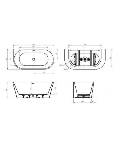Пристенная, полукруглая акриловая ванна в комплекте со сливом-переливом BelBagno BB710-1500-750