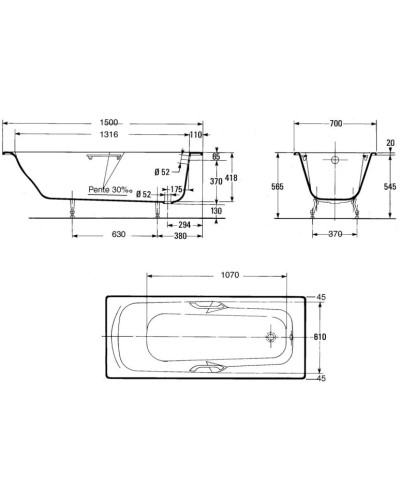 Чугунная ванна 150x70 Jacob Delafon Prelude E2944-00