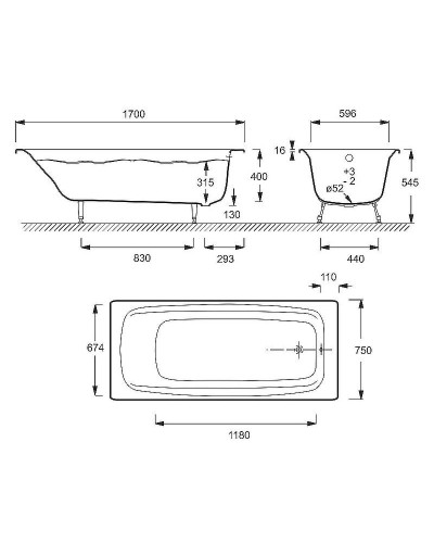 Чугунная ванна Jacob Delafon Diapason 170x75 E2937-S-00 без антискользящего покрытия