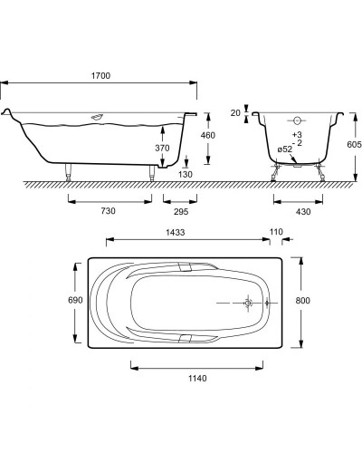 Чугунная ванна Jacob Delafon Adagio 170x80 E2910-00 с антискользящим покрытием