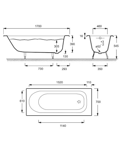 Чугунная ванна Jacob Delafon Soissons 170x70 E2921-00 без противоскользящего покрытия