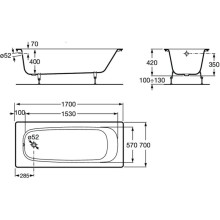 Чугунная ванна 170х70 см без противоскользящего покрытия Roca Continental 21290100R