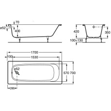 Чугунная ванна 170х70 см без противоскользящего покрытия Roca Continental 21290100R