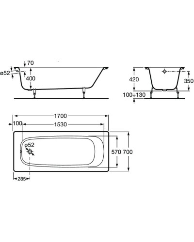 Чугунная ванна 170х70 см без противоскользящего покрытия Roca Continental 21290100R