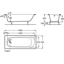 Чугунная ванна 150х70 см без противоскользящего покрытия Roca Continental 21290300R