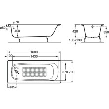 Чугунная ванна 160х70 см с противоскользящим покрытием Roca Continental 21291200R