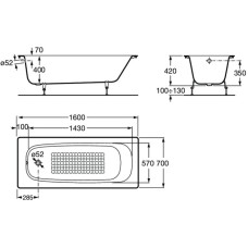Чугунная ванна 160х70 см с противоскользящим покрытием Roca Continental 21291200R