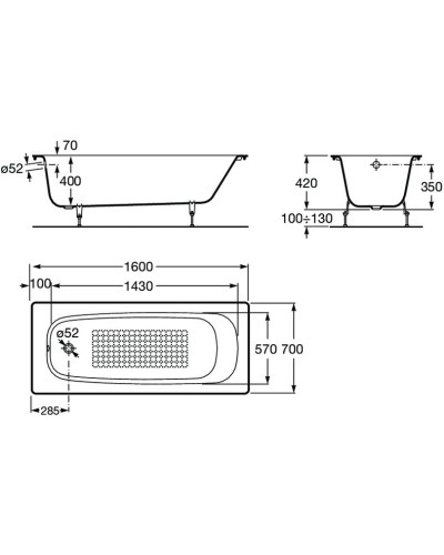 Чугунная ванна 160х70 см с противоскользящим покрытием Roca Continental 21291200R