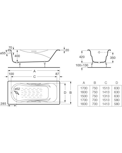Чугунная ванна 170x75 см с противоскользящим покрытием Roca Malibu SET/2309G000R/526803010/150412330