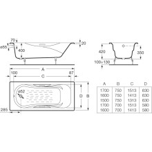 Чугунная ванна 160х70 см с противоскользящим покрытием Roca Malibu 233460000