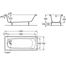 Чугунная ванна 120х70 см без противоскользящего покрытия Roca Continental 211506001