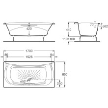 Чугунная ванна 170x85 см с противоскользящим покрытием Roca Akira SET/2325G000R/526804010/150412330