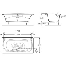 Чугунная ванна 170x85 см с противоскользящим покрытием Roca Akira SET/2325G000R/526804010/150412330
