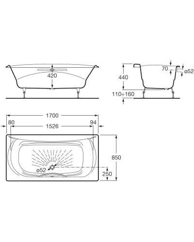 Чугунная ванна 170х85 см с противоскользящим покрытием Roca Akira 2325G000R