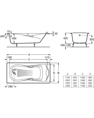 Чугунная ванна 150x80 см с противоскользящим покрытием Roca Haiti SET/2332G000R/526804210/150412330