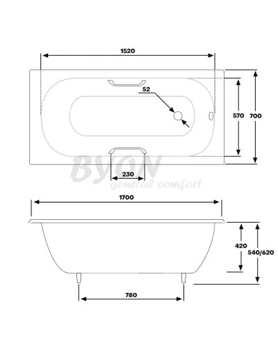 Чугунная ванна 170x70 см с ручками Byon 13 V0000226