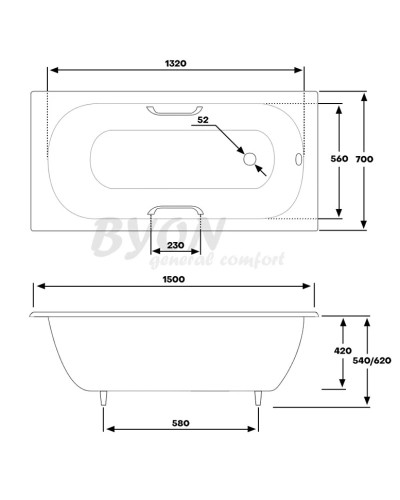 Чугунная ванна 150x70 см с ручками Byon 13 V0000218