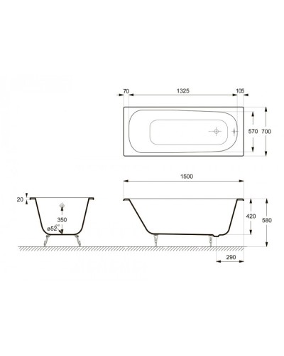 Ванна чугунная Delice Continental 150х70 с антискользящим покрытием DLR230612-AS